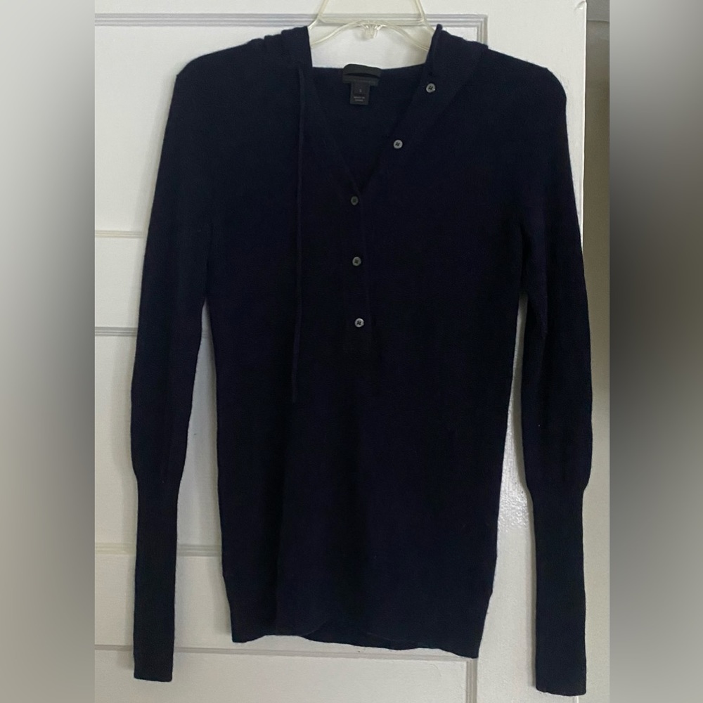 J. Crew 100% Italian Cashmere Hoodie Deep V Neck Sweater Navy Blue Small